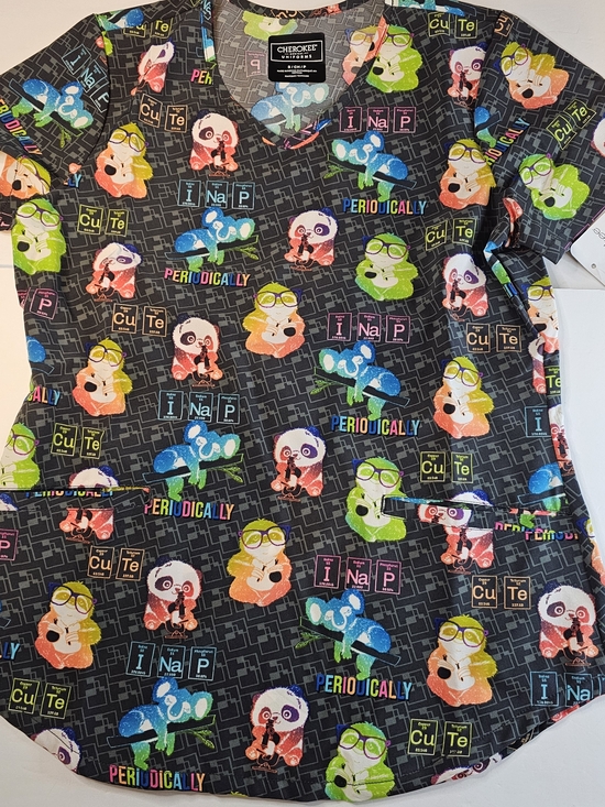 Cherokee Tops - Cherokee V-Neck Medical Scrub Top - Colorful Periodic Animal Print Cotton Size S